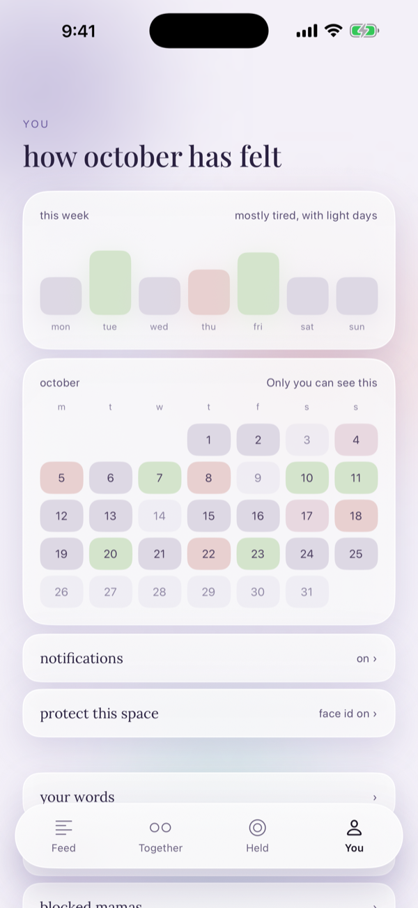 The You screen on iPhone: how October has felt. This week: mostly tired, with light days, as soft coloured bars. Below, the month as a calendar of feelings that only she can see.